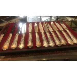 Series Of 18 Table Knives In Silver Metal With Stainless Steel Blades By Goldsmith D.  Cregut