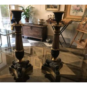 Candlesticks, In Pair, With Double Gold And Brown Patina, From Restoration Period,