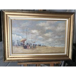 huile sur toile,, à vue  61,5 cm x 38,5 cm  « Sur la plage en Bretagne »  signée 