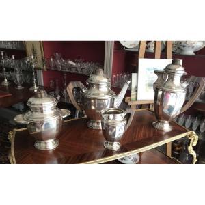  Service à the et à café, d’epoque Art Deco en métal argenté et palissandre 4 pièces. 