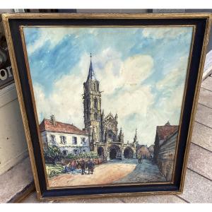 Frank Will ,rue animée à Saint Père sous Vezelay, aquarelle et fusain situé,signé, datée 1925