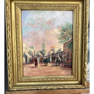 Peinture orientaliste huile sur carton signée À.Fouquet avec cachet d’atelier