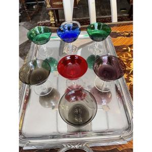 Murano Suite Of 7 Colored Champagne Glasses On Transparent Mouth-blown Feet.