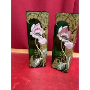 Pair Of Green-glazed Glass Vases Attributed To Legras