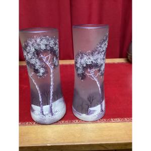 Legras Pair Of Unmarked Enameled Vases, "iceberg" Model