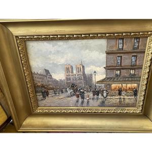 Huile sur panneau »Paris vue de Notre Dame avec personnages et omnibus » signé À.Fouquet.
