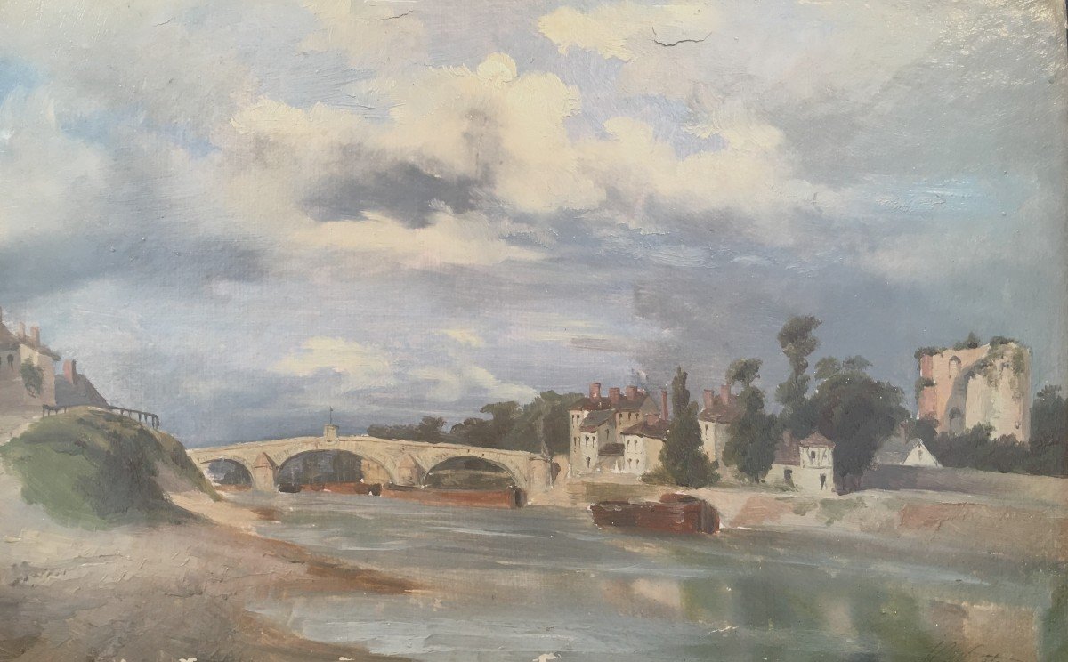 Paysage Fluvial, Huile Sur carton, XIXe
