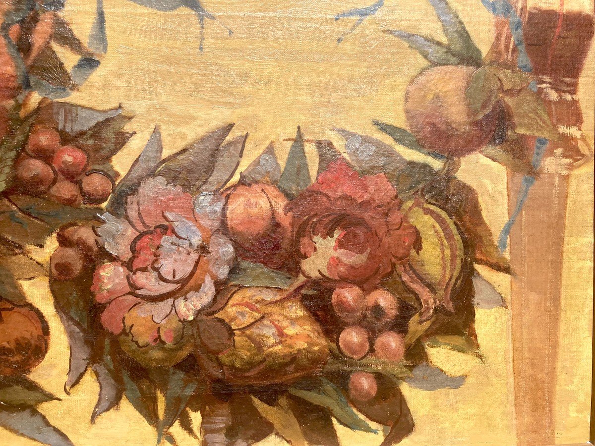 Ecole Française Du XIXe Siècle Paire De Grotesques Et Guirlandes De Fruits-photo-2