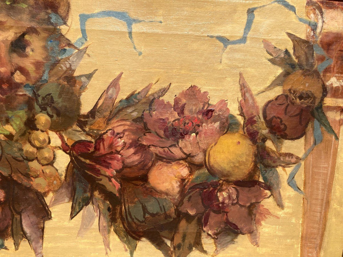 Ecole Française Du XIXe Siècle Paire De Grotesques Et Guirlandes De Fruits-photo-3