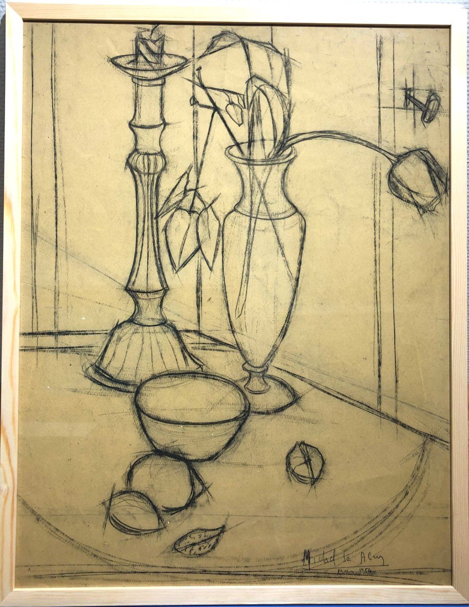 Candlestick And Flowers, 1954, Era Bernard Buffet, Charcoal Drawing By Michel De Alvis