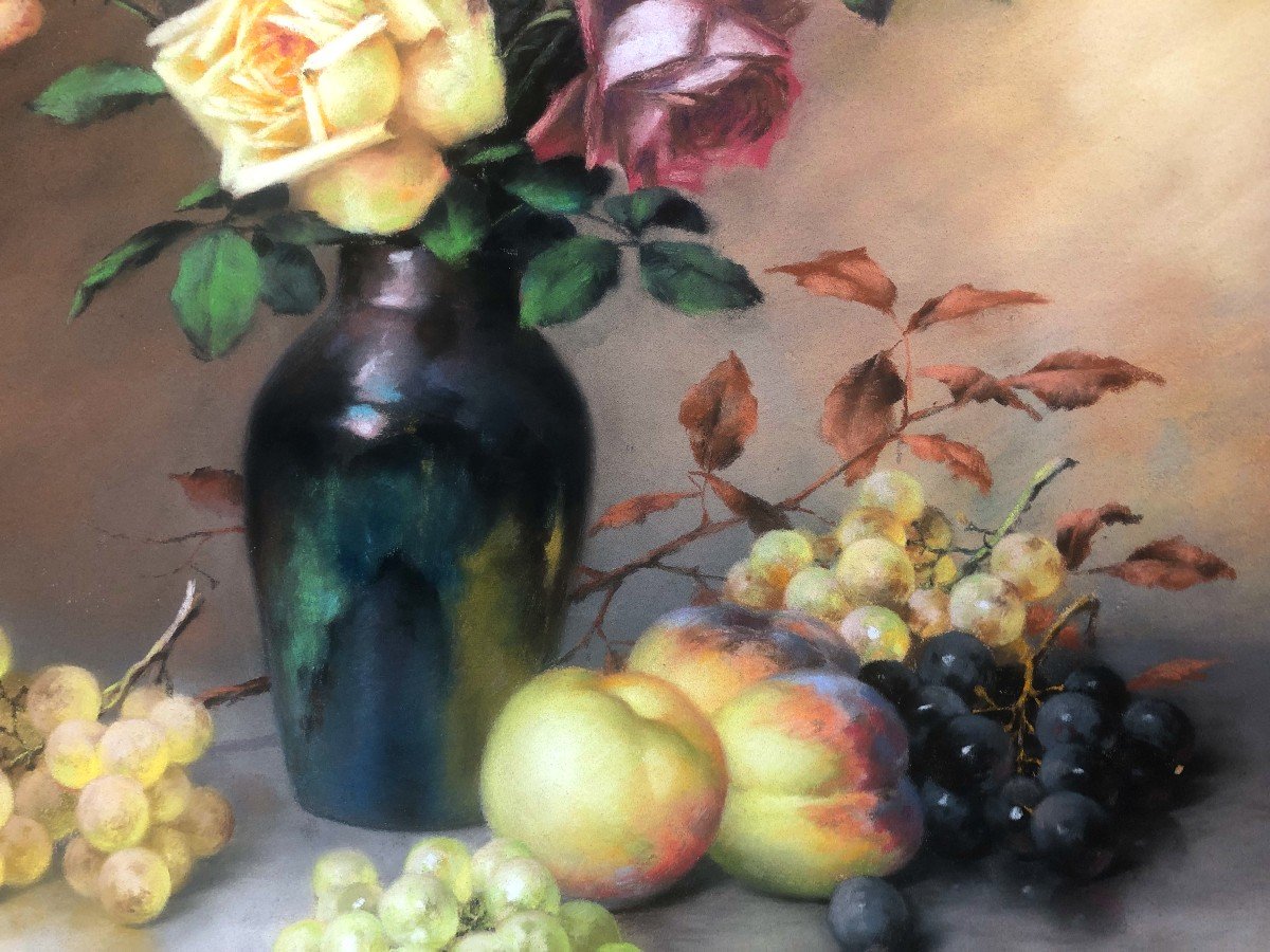 Théodore Ange Coquelin, Pastel Sur Toile, Fin 19ème, Nature Morte Au Bouquet Et Fruits-photo-4