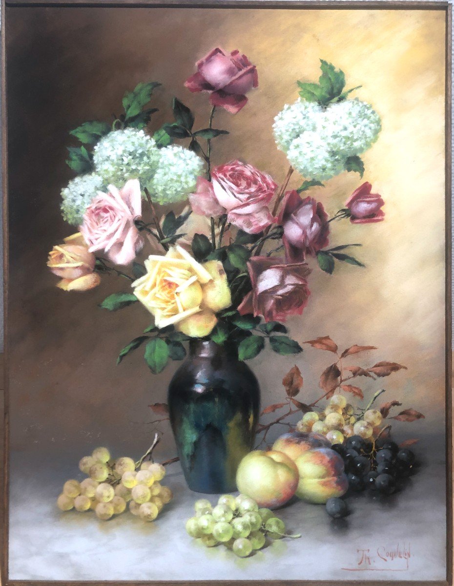 Théodore Ange Coquelin, Pastel Sur Toile, Fin 19ème, Nature Morte Au Bouquet Et Fruits