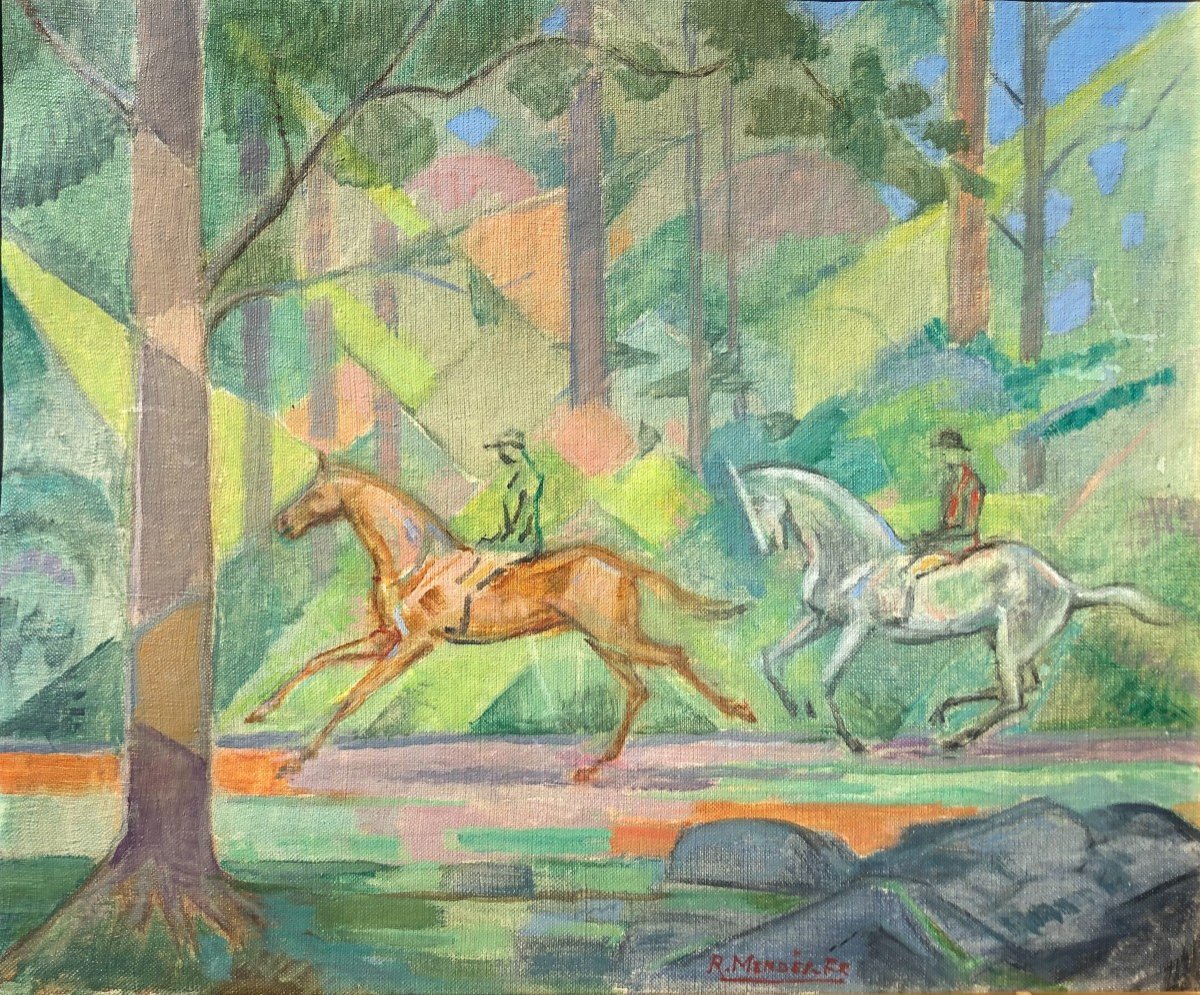 René Mendes-france Hst Cavaliers Cubism Horse Riding Equestrian Circa 1940