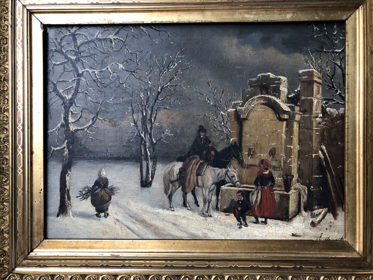 Fontaine sous la neige - ruines- vie paysanne et cavaliers, Louis-claude Mallebranche 1790-1838-photo-2