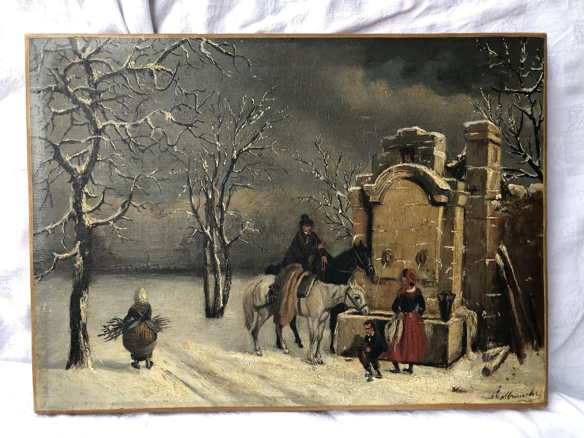 Fontaine sous la neige - ruines- vie paysanne et cavaliers, Louis-claude Mallebranche 1790-1838-photo-3