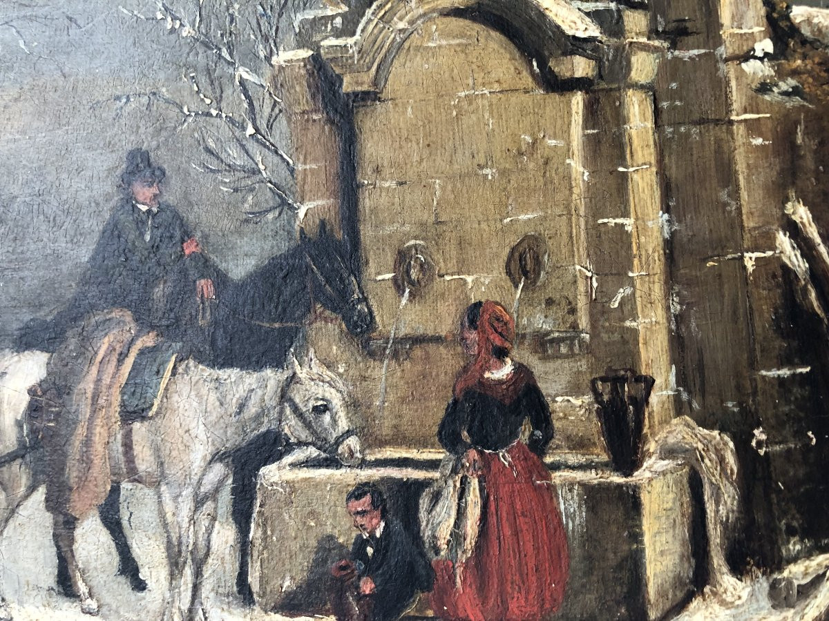 Fontaine sous la neige - ruines- vie paysanne et cavaliers, Louis-claude Mallebranche 1790-1838-photo-5