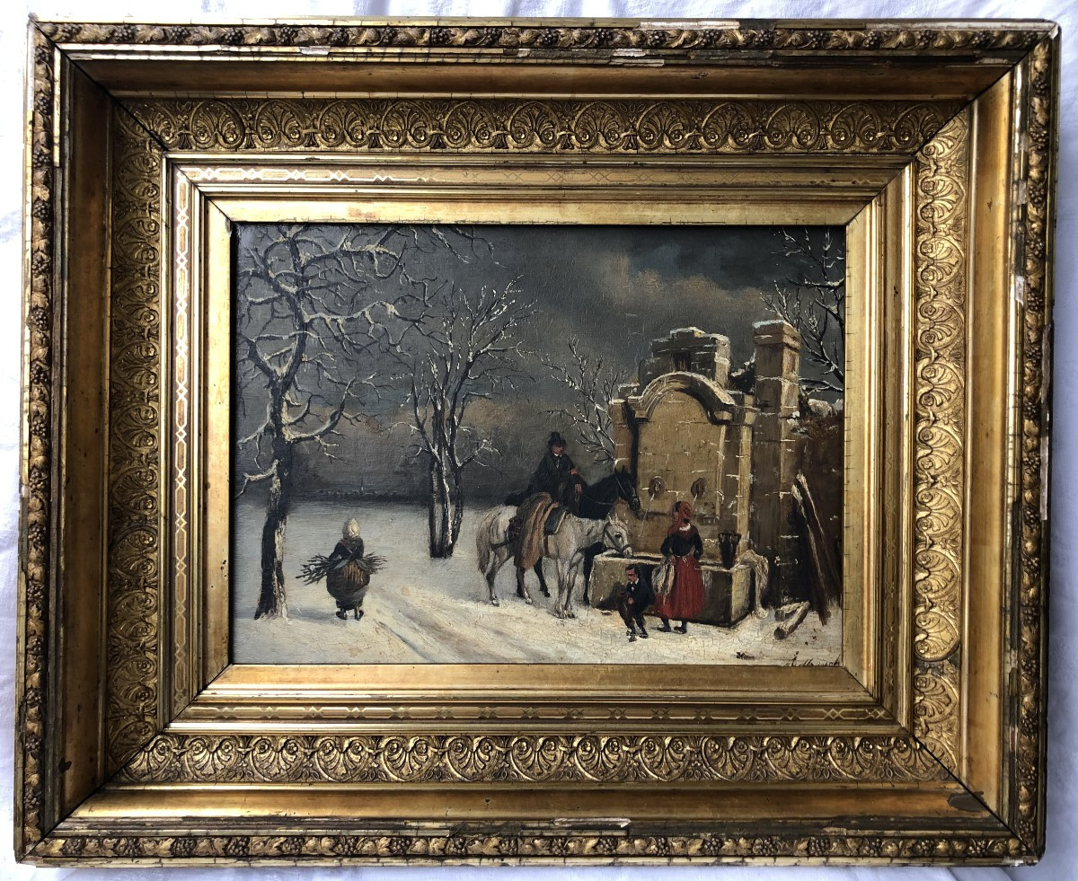 Fontaine sous la neige - ruines- vie paysanne et cavaliers, Louis-claude Mallebranche 1790-1838