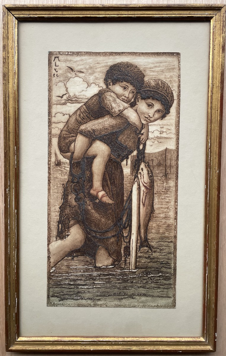 Eau forte Pêcheuse et son enfant blessé Arthur Henri Lefort des ylouses