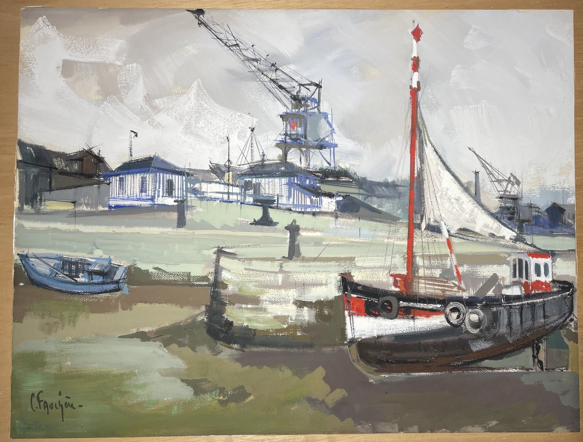Gouache HONFLEUR Claude Fauchère (1936-2019) Marine Port maritime Grues Docks-photo-2