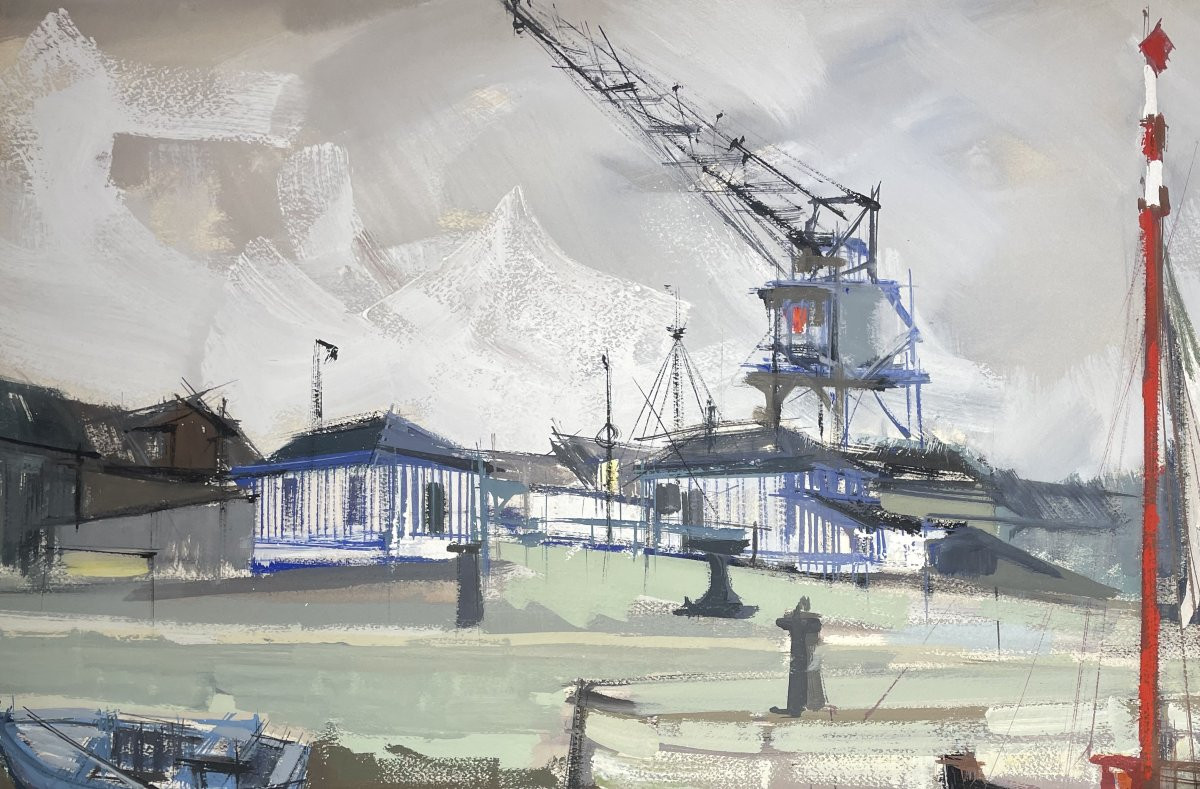 Gouache HONFLEUR Claude Fauchère (1936-2019) Marine Port maritime Grues Docks-photo-3