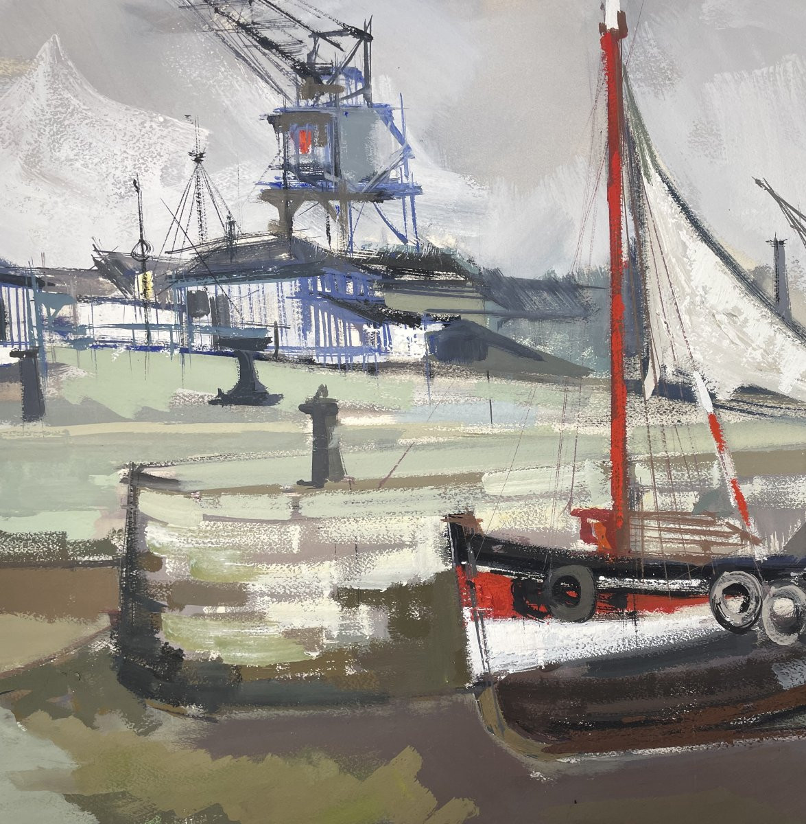 Gouache HONFLEUR Claude Fauchère (1936-2019) Marine Port maritime Grues Docks-photo-4