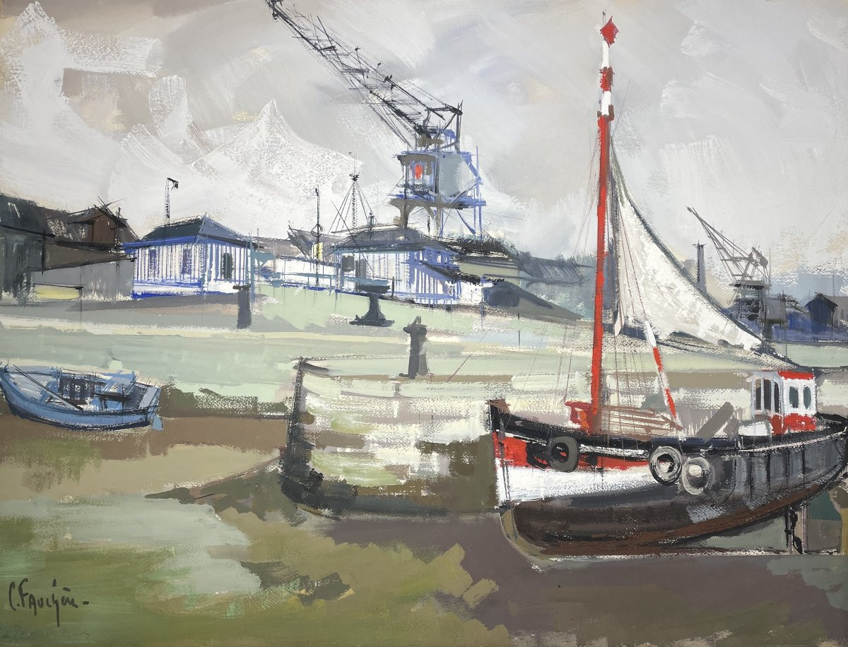 Gouache HONFLEUR Claude Fauchère (1936-2019) Marine Port maritime Grues Docks-photo-1