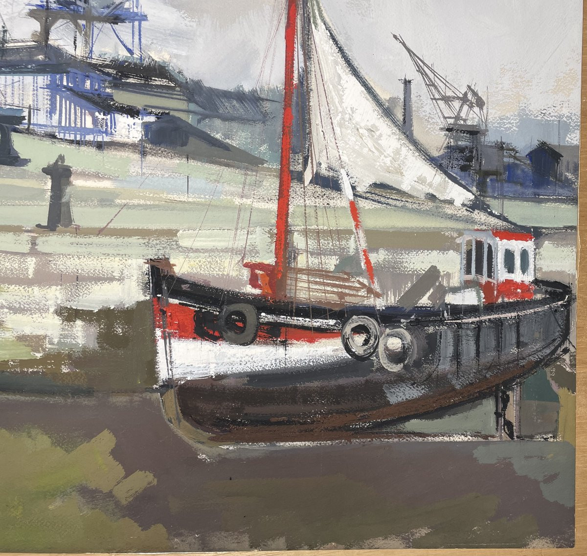 Gouache HONFLEUR Claude Fauchère (1936-2019) Marine Port maritime Grues Docks-photo-2