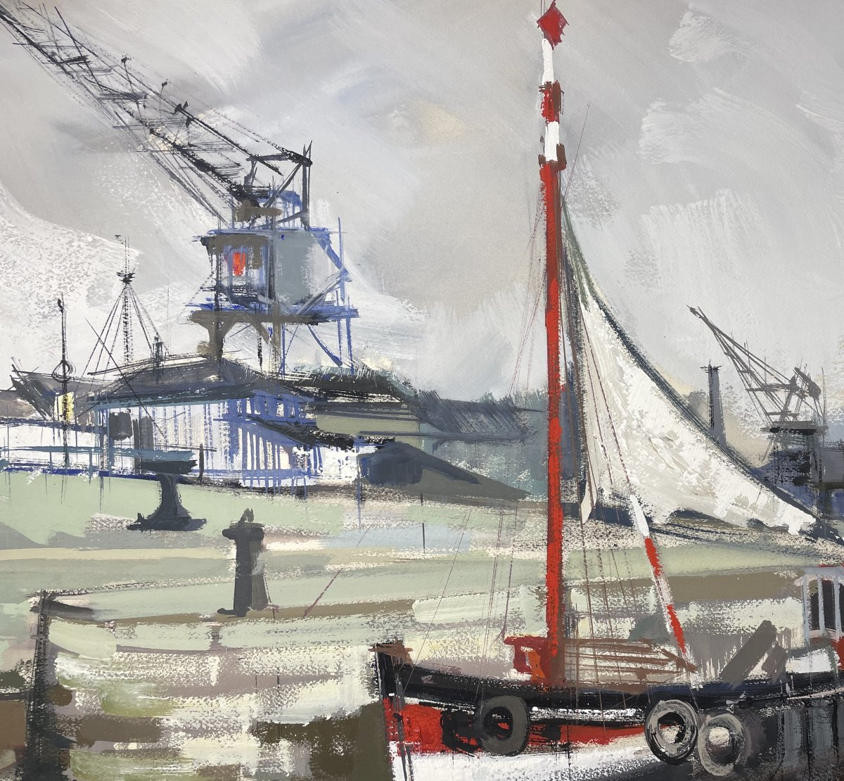 Gouache HONFLEUR Claude Fauchère (1936-2019) Marine Port maritime Grues Docks-photo-3