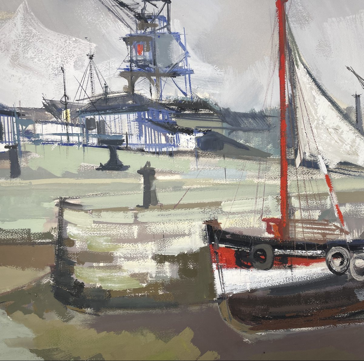 Gouache HONFLEUR Claude Fauchère (1936-2019) Marine Port maritime Grues Docks-photo-4