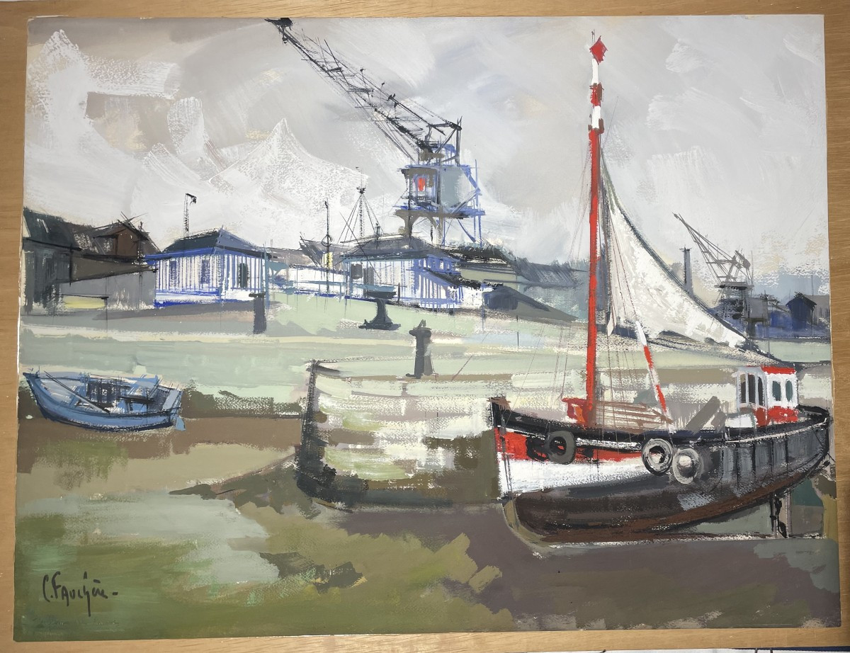 Gouache HONFLEUR Claude Fauchère (1936-2019) Marine Port maritime Grues Docks