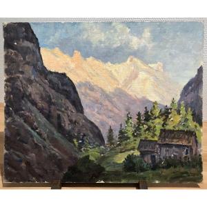 Mountain, Alpine Landscape, Oil On Canvas Cardboard, Robert Bénard, Alps