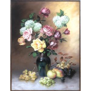 Théodore Ange Coquelin, Pastel Sur Toile, Fin 19ème, Nature Morte Au Bouquet Et Fruits