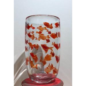 Vase En Verre Soufflé, Poissons Rouges, Année 70-80, à Identifier