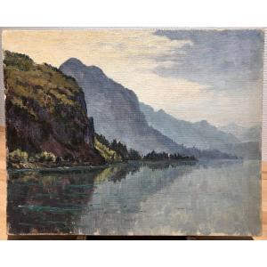 View Of Lake Annecy, Oil On Canvas Cardboard, Mountain Painting Mont Veyrier, Alps