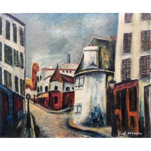View Of Montmartre Around 1940, Oil On Canvas, Paris, Naive Art