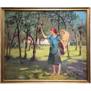 "la Cueillette" Violet Dunn-Gardner (1862-1946) Fruits verger campagne 