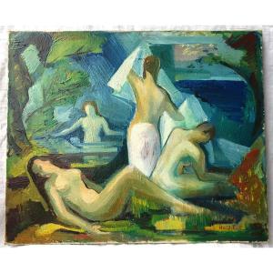Bathers Circa 1939 Raymonde Heudebert Oil On Canvas Art Deco
