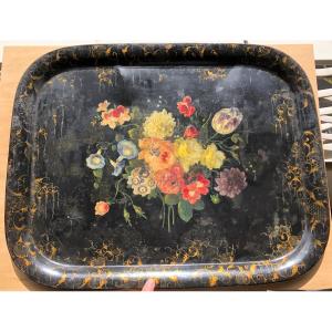 Large Napoleon 3 III Painted Metal Tray With Flower Decor