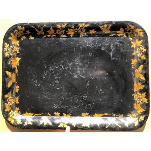 Large Napoleon 3 III Tray Decorated With Butterflies Gold Metal Black Background