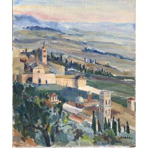 Italy Village View Travel Church Cypress Table Painting Marie-louise Cirée 