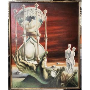 Surréalisme Rudolph HAUS Tableau Peinture Nu féminin Sablier Allégorie Temps