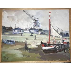 Gouache HONFLEUR Claude Fauchère (1936-2019) Marine Port maritime Grues Docks