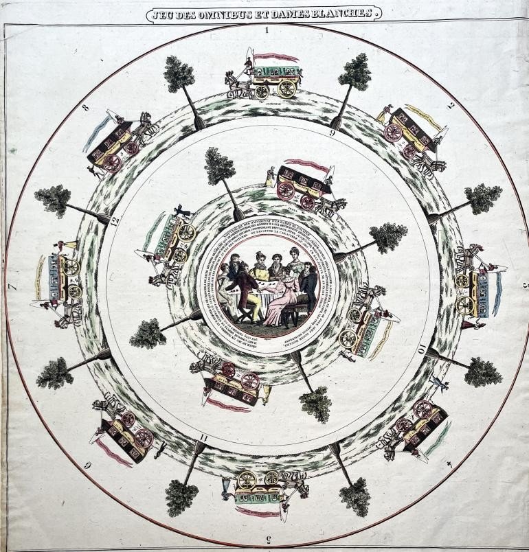 Ecole française XIXe, Jeu des omnibus et des dames blanches, eau-forte rehaussée,  vers 1830