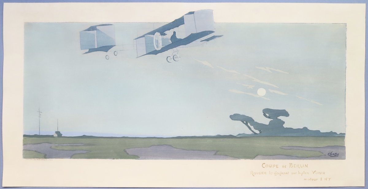 Aviation, Rougier Sur Biplan Voisin, Lithographie En Couleurs De Gamy