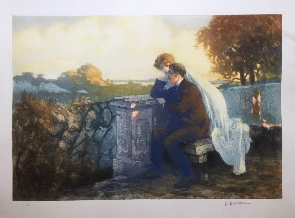 Lionello Balestrieri (1872 - 1958),  Couple sur une terrasse,  Aquatinte en couleurs