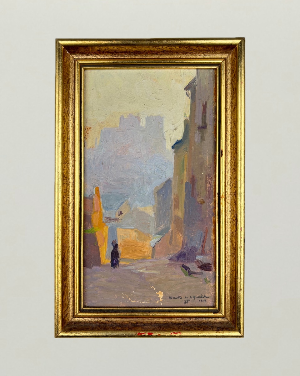 Jules Ponceau (1881-1961), Nantes soleil couchant, 1909, huile sur carton