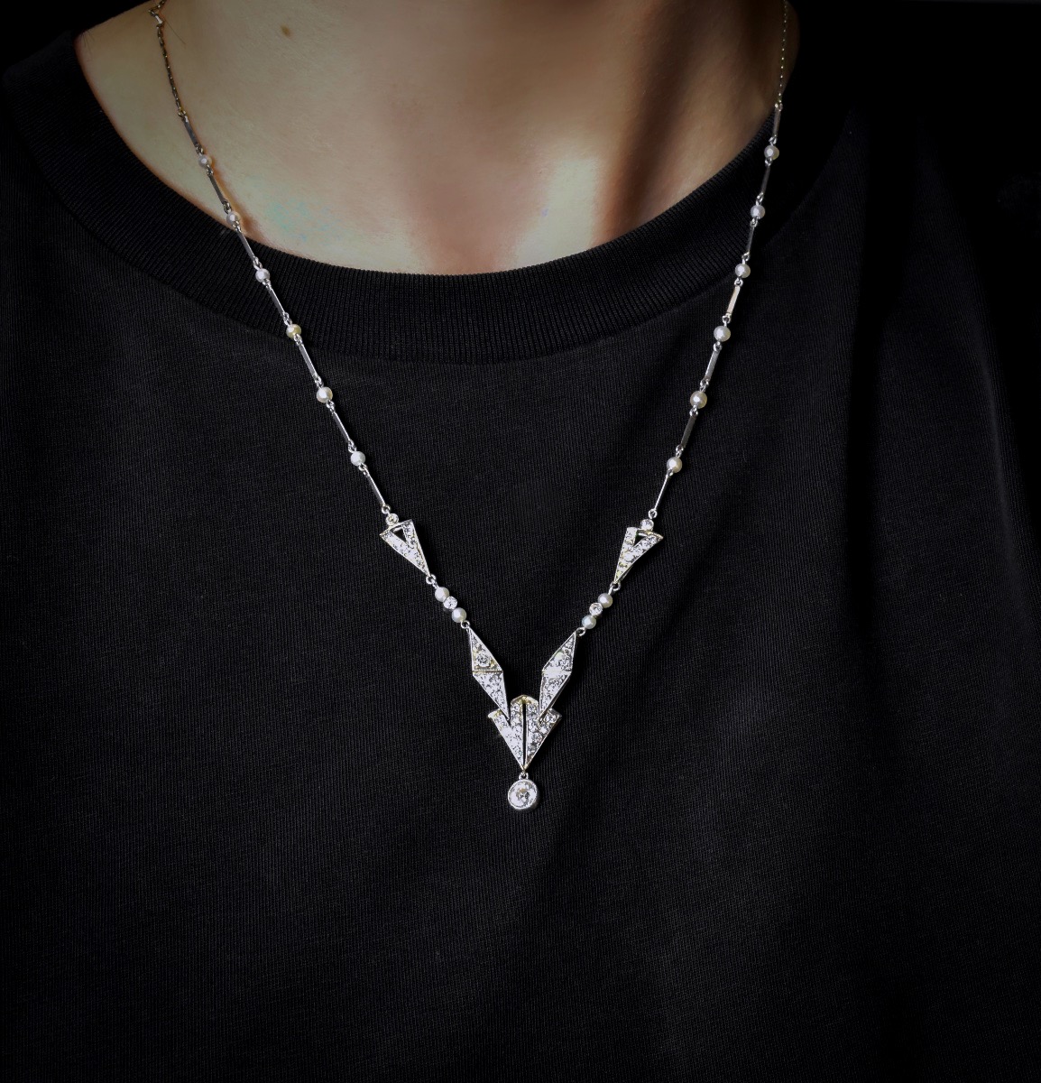 Collier Art Déco en platine et or, diamants et perles fines-photo-2
