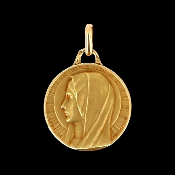 18k Gold Religious Medal Signed Augis & Mazzoni – Haloed Virgin
