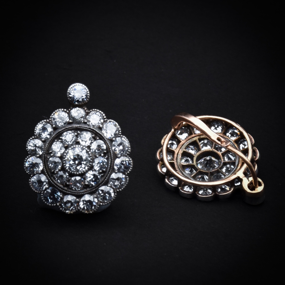 Boucles d’oreilles anciennes en or et argent, serties de diamants-photo-4