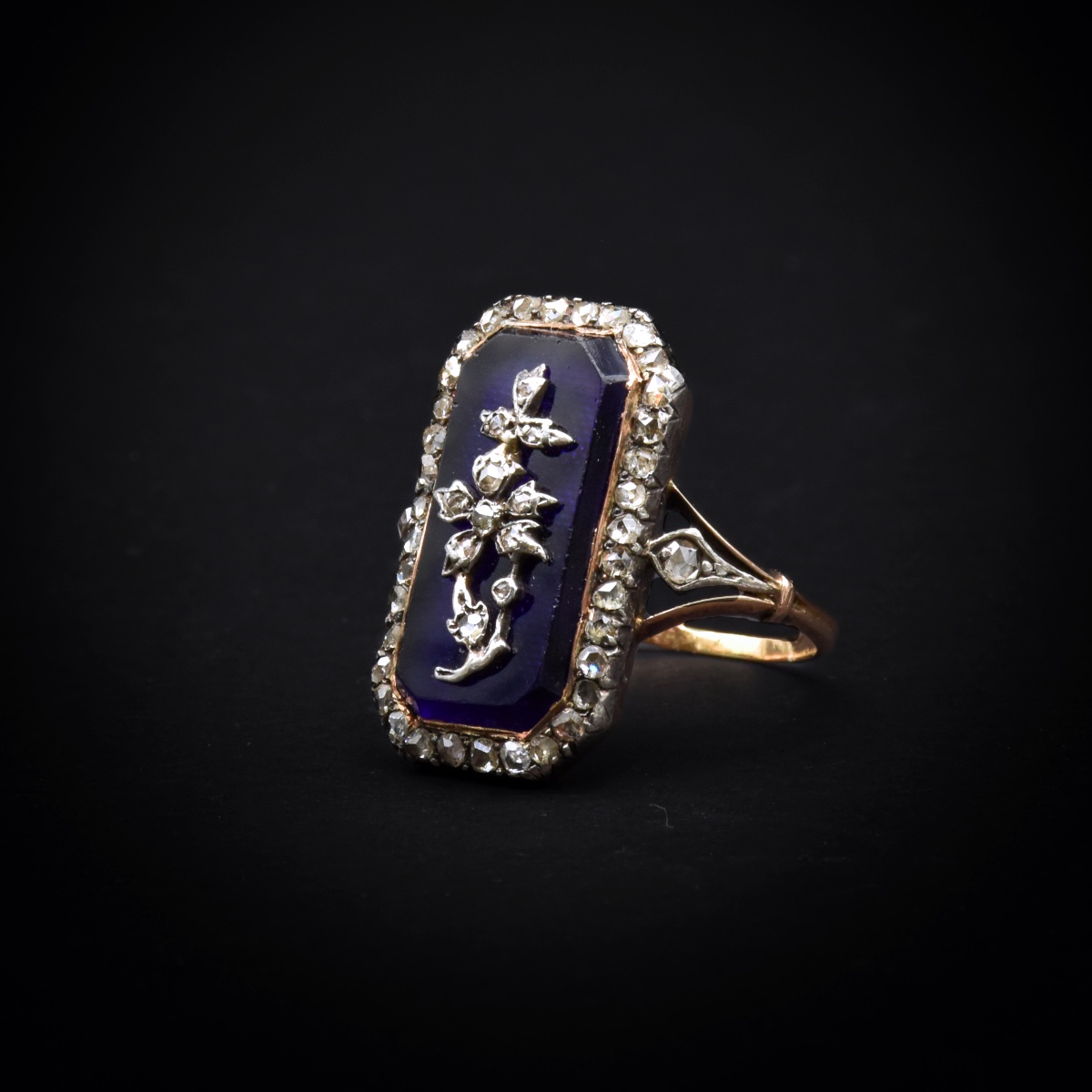Bague fleur en or, argent, diamants et verre bleu – Début XIXe-photo-3